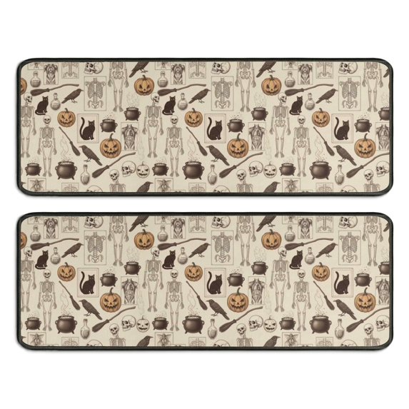 Kitchen Rugs Sets Of 2,Beige Halloween Skull Pumpkin Cat Pattern Anti Fatigue Kitchen Mat Rugs Non Slip Washable,Decorative Kitchen Floor Mats for Kitchen,Sink,Laundry,17"x47"+17"x47"