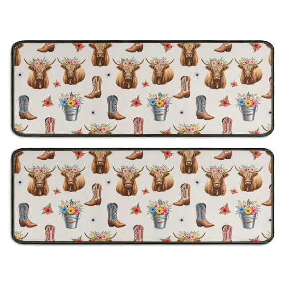Kitchen Rugs Sets Of 2,Beige Highland Cow Boot Flower Pattern Anti Fatigue Kitchen Mat Rugs Non Slip Washable,Decorative Kitchen Floor Mats for Kitchen,Sink,Laundry,17"x47"+17"x47"