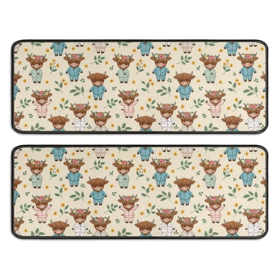 Kitchen Rugs Sets Of 2,Beige Highland Cow Flower Pajama Pattern Anti Fatigue Kitchen Mat Rugs Non Slip Washable,Decorative Kitchen Floor Mats for Kitchen,Sink,Laundry,17"x47"+17"x47"