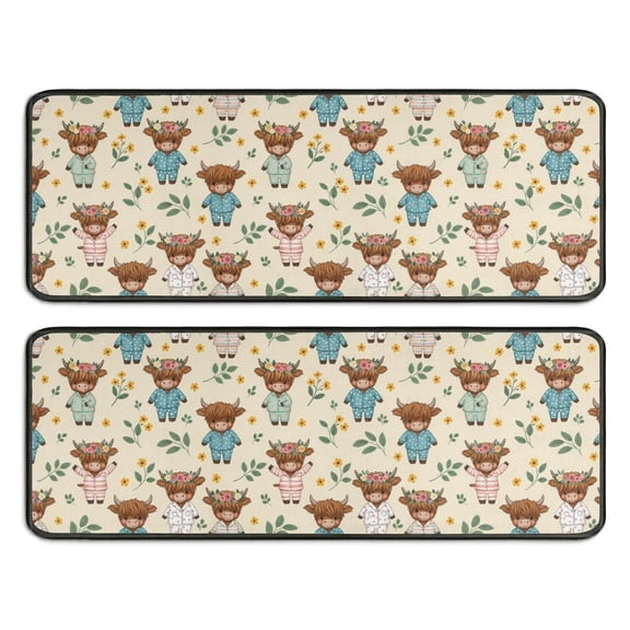 Kitchen Rugs Sets Of 2,Beige Highland Cow Flower Pajama Pattern Anti Fatigue Kitchen Mat Rugs Non Slip Washable,Decorative Kitchen Floor Mats for Kitchen,Sink,Laundry,17"x47"+17"x47"