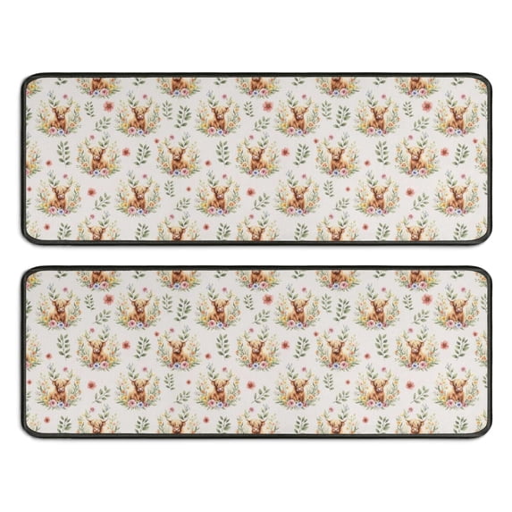 Kitchen Rugs Sets Of 2,Beige Highland Cow Flower Pattern Anti Fatigue Kitchen Mat Rugs Non Slip Washable,Decorative Kitchen Floor Mats for Kitchen,Sink,Laundry,17"x47"+17"x47"