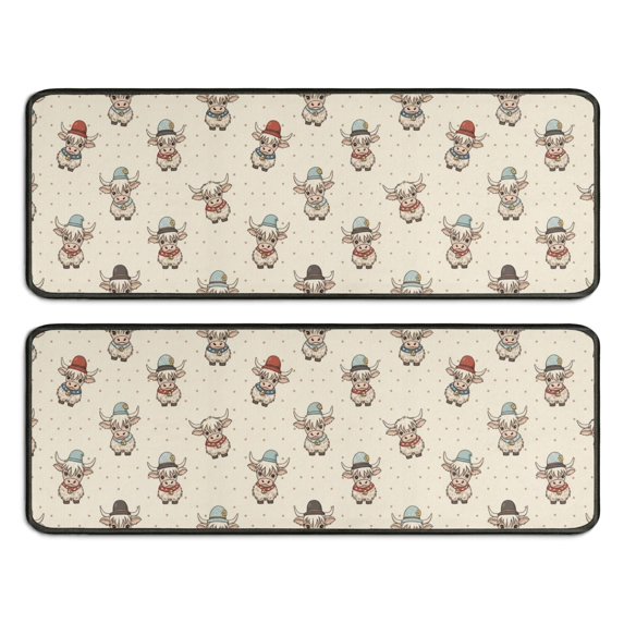 Kitchen Rugs Sets Of 2,Beige Highland Cow Hat Scarf Pattern Anti Fatigue Kitchen Mat Rugs Non Slip Washable,Decorative Kitchen Floor Mats for Kitchen,Sink,Laundry,17"x47"+17"x47"