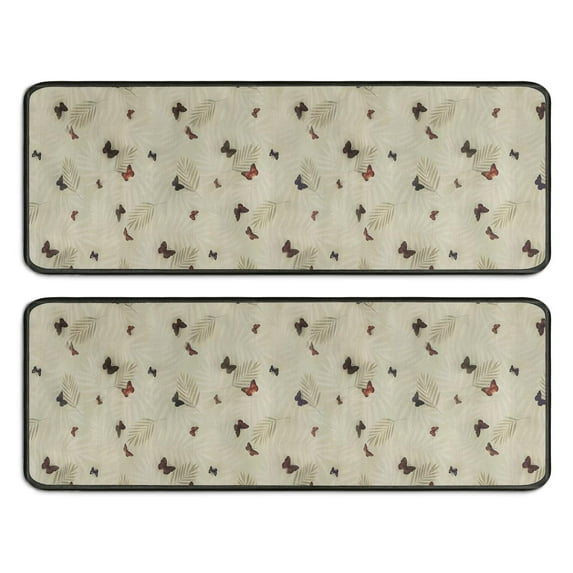 Kitchen Rugs Sets Of 2,Beige Leaf Butterfly Pattern Anti Fatigue Kitchen Mat Rugs Non Slip Washable,Decorative Kitchen Floor Mats for Kitchen,Sink,Laundry,17"x47"+17"x47"