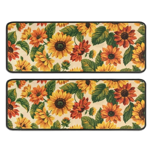 Kitchen Rugs Sets Of 2,Beige Red Sunflower Pattern Anti Fatigue Kitchen Mat Rugs Non Slip Washable,Decorative Kitchen Floor Mats for Kitchen,Sink,Laundry,17"x47"+17"x47"