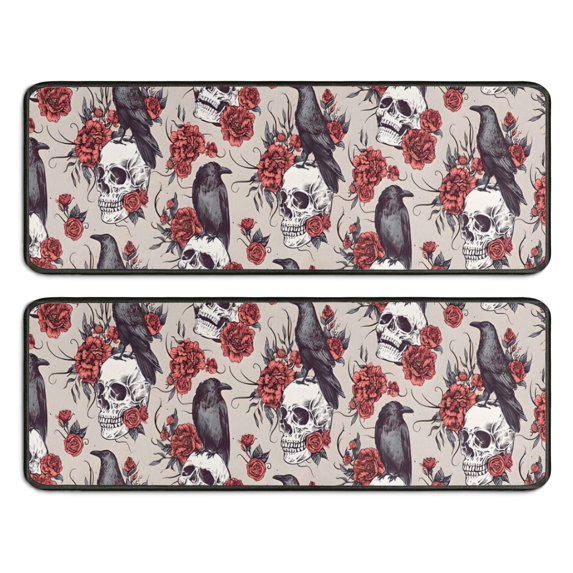 Kitchen Rugs Sets Of 2,Beige Skull Crow Flower Pattern Anti Fatigue Kitchen Mat Rugs Non Slip Washable,Decorative Kitchen Floor Mats for Kitchen,Sink,Laundry,17"x47"+17"x47"