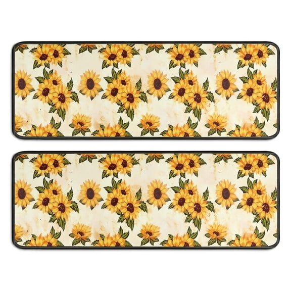 Kitchen Rugs Sets Of 2,Beige Sunflower Pattern Anti Fatigue Kitchen Mat Rugs Non Slip Washable,Decorative Kitchen Floor Mats for Kitchen,Sink,Laundry,17"x47"+17"x47"