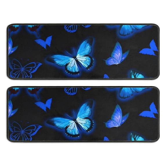Kitchen Rugs Sets Of 2,Black Blue Butterfly Pattern Anti Fatigue Kitchen Mat Rugs Non Slip Washable,Decorative Kitchen Floor Mats for Kitchen,Sink,Laundry,17"x47"+17"x47"