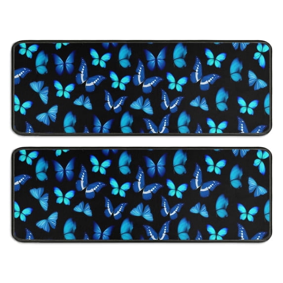 Kitchen Rugs Sets Of 2,Black Blue Butterfly Pattern Anti Fatigue Kitchen Mat Rugs Non Slip Washable,Decorative Kitchen Floor Mats for Kitchen,Sink,Laundry,17"x47"+17"x47"