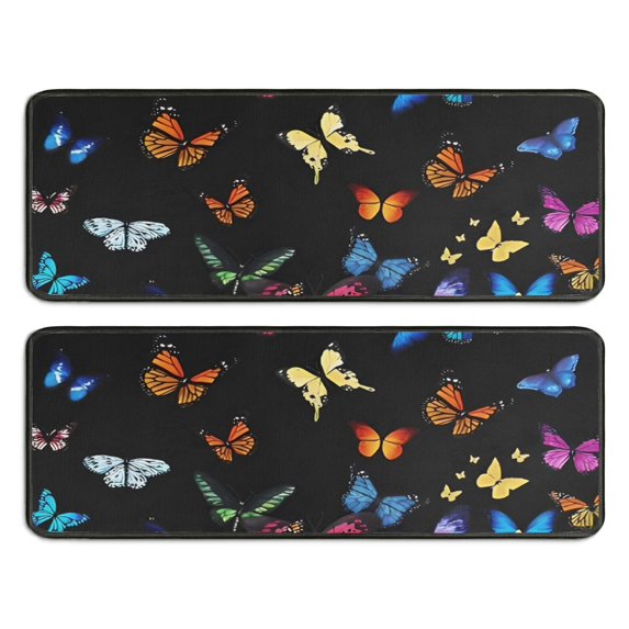Kitchen Rugs Sets Of 2,Black Blue Orange Butterfly Pattern Anti Fatigue Kitchen Mat Rugs Non Slip Washable,Decorative Kitchen Floor Mats for Kitchen,Sink,Laundry,17"x47"+17"x47"