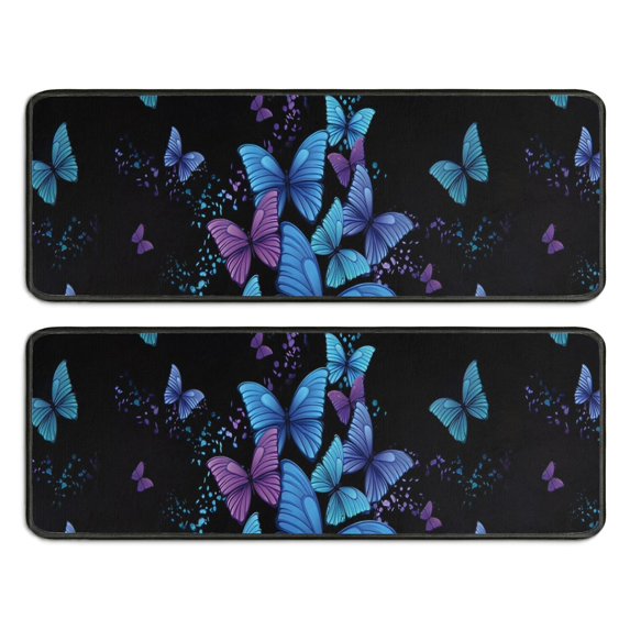 Kitchen Rugs Sets Of 2,Black Blue Purple Butterfly Pattern Anti Fatigue Kitchen Mat Rugs Non Slip Washable,Decorative Kitchen Floor Mats for Kitchen,Sink,Laundry,17"x47"+17"x47"