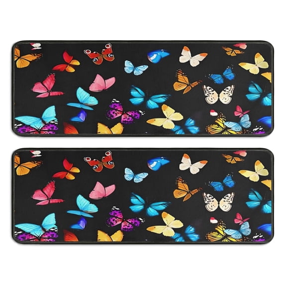 Kitchen Rugs Sets Of 2,Black Blue Yellow Butterfly Pattern Anti Fatigue Kitchen Mat Rugs Non Slip Washable,Decorative Kitchen Floor Mats for Kitchen,Sink,Laundry,17"x47"+17"x47"