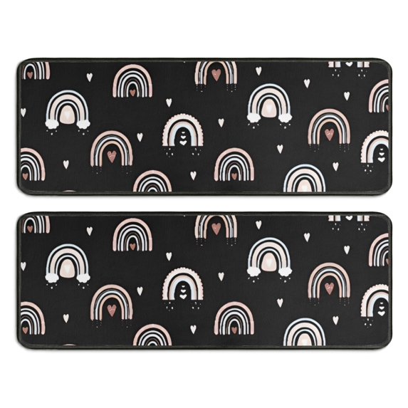 Kitchen Rugs Sets Of 2,Black Boho Bohemia Rainbow Hearts Pattern Anti Fatigue Kitchen Mat Rugs Non Slip Washable,Decorative Kitchen Floor Mats for Kitchen,Sink,Laundry,17"x47"+17"x47"