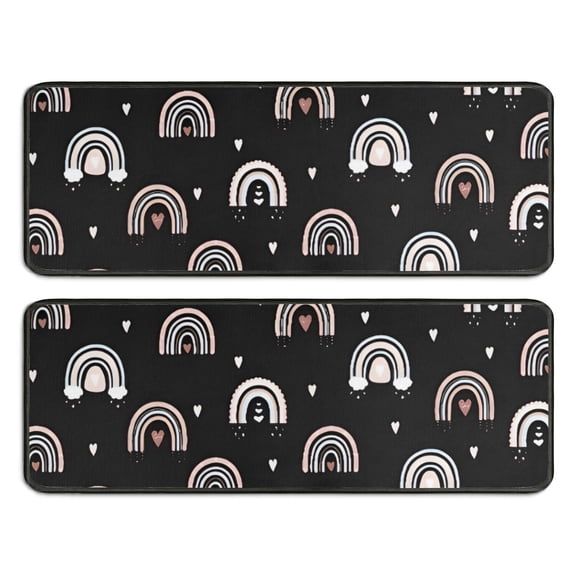 Kitchen Rugs Sets Of 2,Black Boho Bohemia Rainbow Hearts Pattern Anti Fatigue Kitchen Mat Rugs Non Slip Washable,Decorative Kitchen Floor Mats for Kitchen,Sink,Laundry,17"x47"+17"x47"