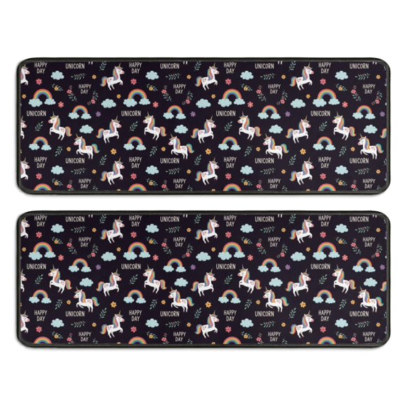 Kitchen Rugs Sets Of 2,Black Cartoon Unicorn Rainbow Anti Fatigue Kitchen Mat Rugs Non Slip Washable,Decorative Kitchen Floor Mats for Kitchen,Sink,Laundry,17"x47"+17"x47"