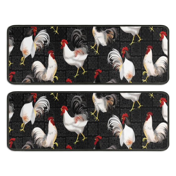 Kitchen Rugs Sets Of 2,Black Chicken Rooster Pattern Anti Fatigue Kitchen Mat Rugs Non Slip Washable,Decorative Kitchen Floor Mats for Kitchen,Sink,Laundry,17"x47"+17"x47"