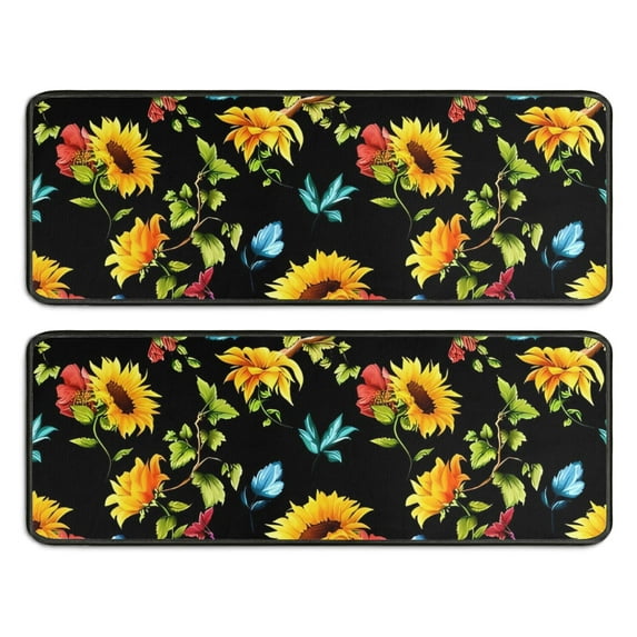 Kitchen Rugs Sets Of 2,Black Colorful Flower Leaf Sunflower Pattern Anti Fatigue Kitchen Mat Rugs Non Slip Washable,Decorative Kitchen Floor Mats for Kitchen,Sink,Laundry,17"x47"+17"x47"