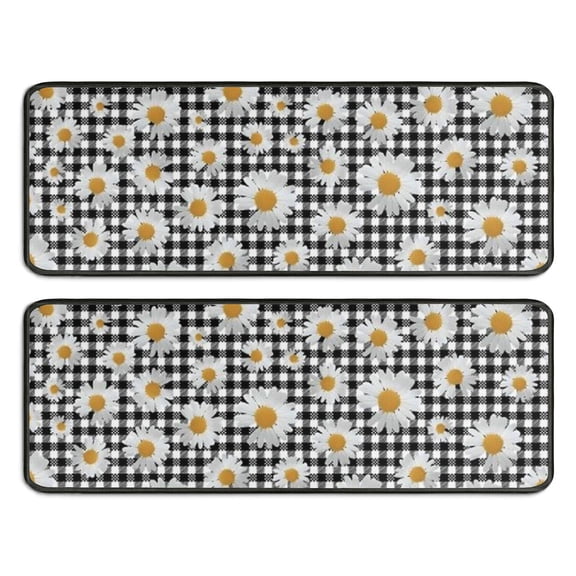 Kitchen Rugs Sets Of 2,Black Daisy Flower Checkered Pattern Anti Fatigue Kitchen Mat Rugs Non Slip Washable,Decorative Kitchen Floor Mats for Kitchen,Sink,Laundry,17"x47"+17"x47"
