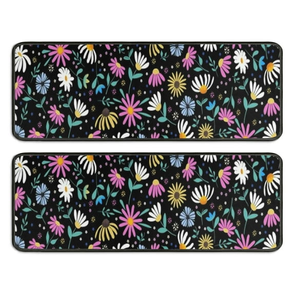 Kitchen Rugs Sets Of 2,Black Daisy Flower Colorful Blooms Pattern Anti Fatigue Kitchen Mat Rugs Non Slip Washable,Decorative Kitchen Floor Mats for Kitchen,Sink,Laundry,17"x47"+17"x47"