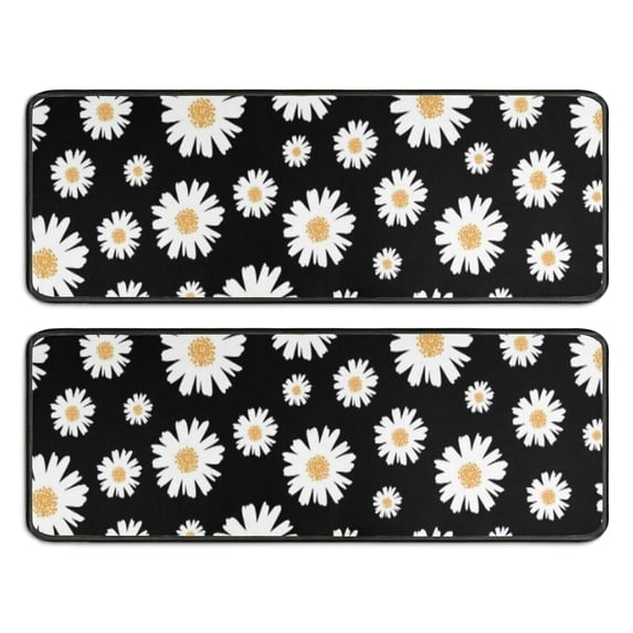 Kitchen Rugs Sets Of 2,Black Daisy Flower Golden Centers Pattern Anti Fatigue Kitchen Mat Rugs Non Slip Washable,Decorative Kitchen Floor Mats for Kitchen,Sink,Laundry,17"x47"+17"x47"