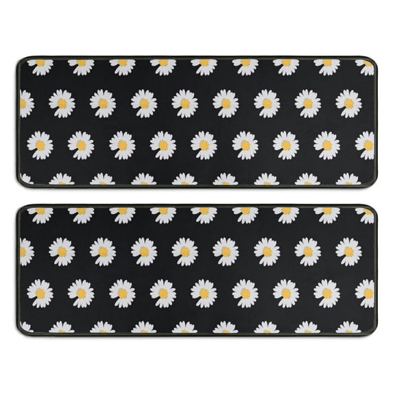 Kitchen Rugs Sets Of 2,Black Daisy Flower White Blooms Pattern Anti Fatigue Kitchen Mat Rugs Non Slip Washable,Decorative Kitchen Floor Mats for Kitchen,Sink,Laundry,17"x47"+17"x47"