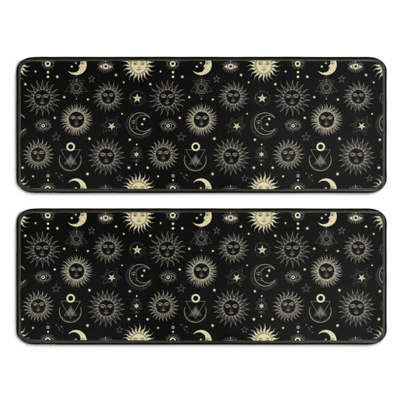 Kitchen Rugs Sets Of 2,Black Gold Sun Moon Eye Star Pattern Anti Fatigue Kitchen Mat Rugs Non Slip Washable,Decorative Kitchen Floor Mats for Kitchen,Sink,Laundry,17"x47"+17"x47"