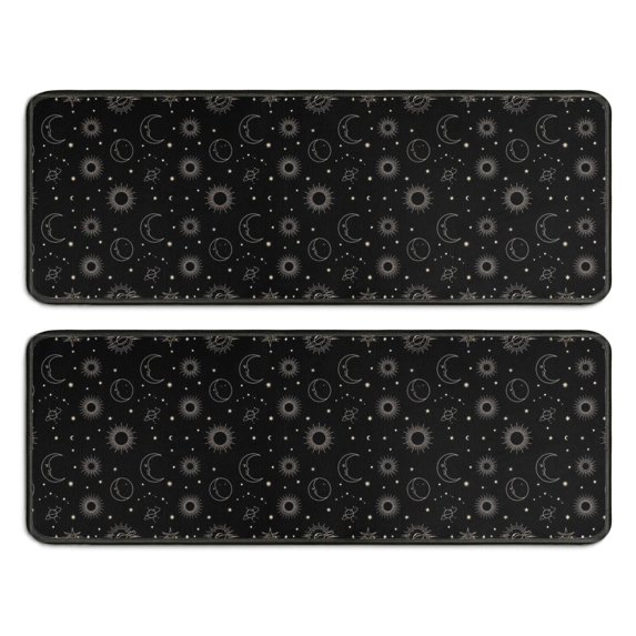 Kitchen Rugs Sets Of 2,Black Gold Sun Moon Star Pattern Anti Fatigue Kitchen Mat Rugs Non Slip Washable,Decorative Kitchen Floor Mats for Kitchen,Sink,Laundry,17"x47"+17"x47"