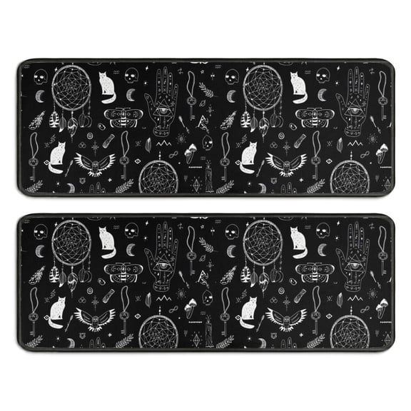 Kitchen Rugs Sets Of 2,Black Gothic Cat Dreamcatcher Pattern Anti Fatigue Kitchen Mat Rugs Non Slip Washable,Decorative Kitchen Floor Mats for Kitchen,Sink,Laundry,17"x47"+17"x47"