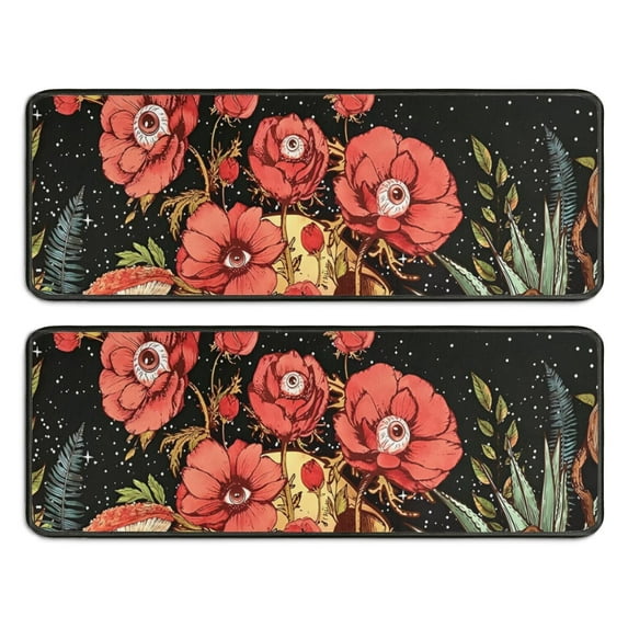 Kitchen Rugs Sets Of 2,Black Gothic Skull Flower Pattern Anti Fatigue Kitchen Mat Rugs Non Slip Washable,Decorative Kitchen Floor Mats for Kitchen,Sink,Laundry,17"x47"+17"x47"
