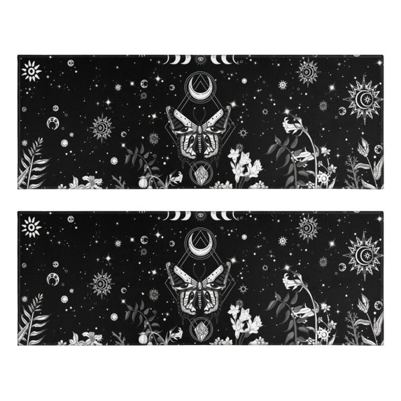 Kitchen Rugs Sets Of 2,Black Gothic Sun Moon Flower Pattern Anti Fatigue Kitchen Mat Rugs Non Slip Washable,Decorative Kitchen Floor Mats for Kitchen,Sink,Laundry,17"X47"