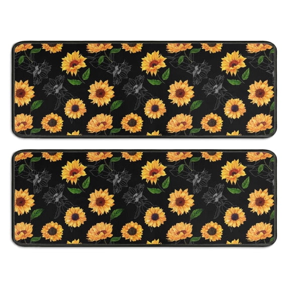 Kitchen Rugs Sets Of 2,Black Green Leaf Sunflower Pattern Anti Fatigue Kitchen Mat Rugs Non Slip Washable,Decorative Kitchen Floor Mats for Kitchen,Sink,Laundry,17"x47"+17"x47"