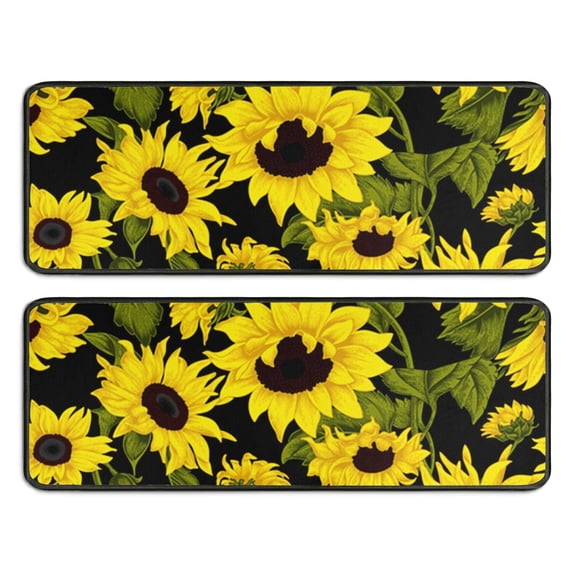 Kitchen Rugs Sets Of 2,Black Green Stem Sunflower Pattern Anti Fatigue Kitchen Mat Rugs Non Slip Washable,Decorative Kitchen Floor Mats for Kitchen,Sink,Laundry,17"x47"+17"x47"