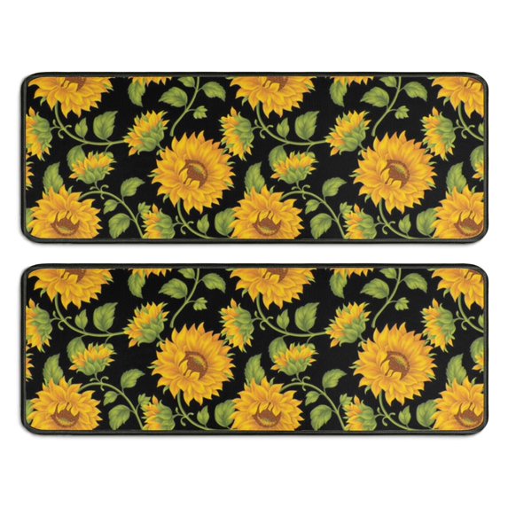 Kitchen Rugs Sets Of 2,Black Green Stem Sunflower Pattern Anti Fatigue Kitchen Mat Rugs Non Slip Washable,Decorative Kitchen Floor Mats for Kitchen,Sink,Laundry,17"x47"+17"x47"