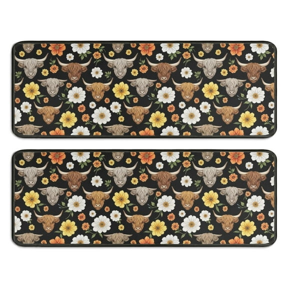 Kitchen Rugs Sets Of 2,Black Highland Cow Flower Pattern Anti Fatigue Kitchen Mat Rugs Non Slip Washable,Decorative Kitchen Floor Mats for Kitchen,Sink,Laundry,17"x47"+17"x47"