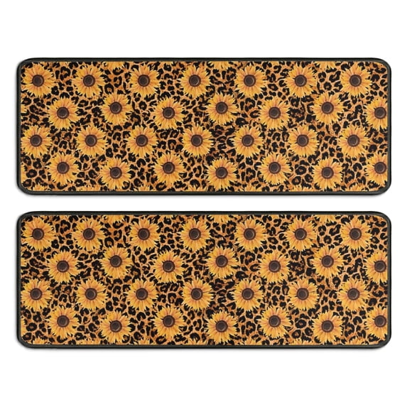 Kitchen Rugs Sets Of 2,Black Leopard Sunflower Pattern Anti Fatigue Kitchen Mat Rugs Non Slip Washable,Decorative Kitchen Floor Mats for Kitchen,Sink,Laundry,17"x47"+17"x47"