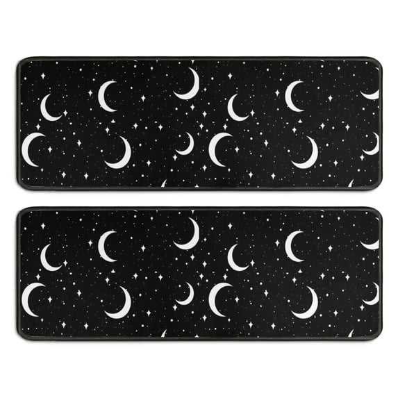 Kitchen Rugs Sets Of 2,Black Moon Star Pattern Anti Fatigue Kitchen Mat Rugs Non Slip Washable,Decorative Kitchen Floor Mats for Kitchen,Sink,Laundry,17"x47"+17"x47"