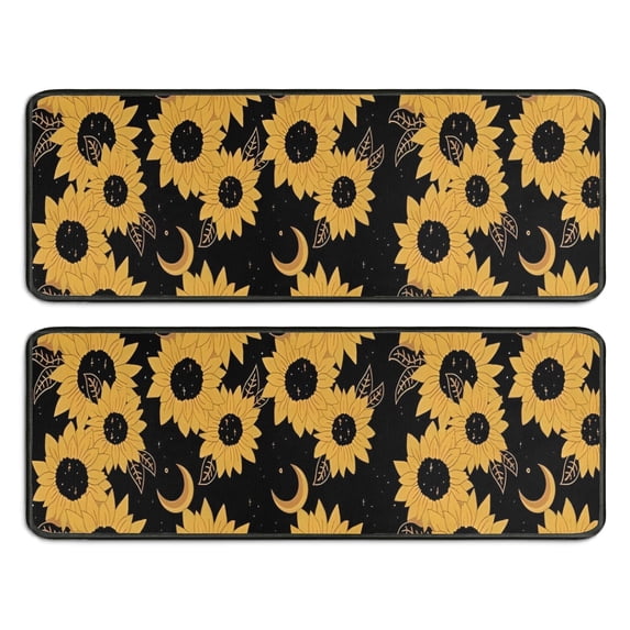 Kitchen Rugs Sets Of 2,Black Moon Sunflower Pattern Anti Fatigue Kitchen Mat Rugs Non Slip Washable,Decorative Kitchen Floor Mats for Kitchen,Sink,Laundry,17"x47"+17"x47"
