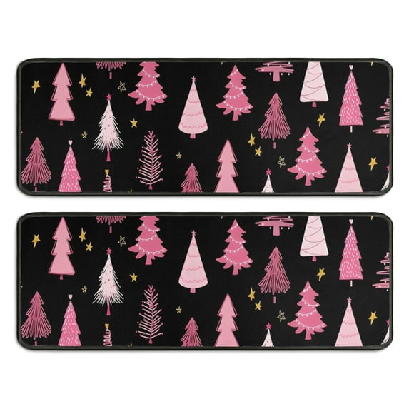 Kitchen Rugs Sets Of 2,Black and Pink Christmas Tree Pattern Anti Fatigue Kitchen Mat Rugs Non Slip Washable,Decorative Kitchen Floor Mats for Kitchen,Sink,Laundry,17"x47"+17"x47"