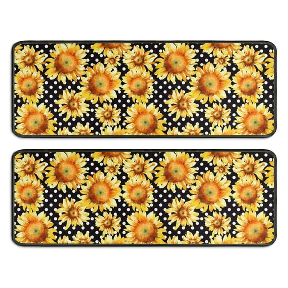 Kitchen Rugs Sets Of 2,Black Polka Dot Sunflower Pattern Anti Fatigue Kitchen Mat Rugs Non Slip Washable,Decorative Kitchen Floor Mats for Kitchen,Sink,Laundry,17"x47"+17"x47"