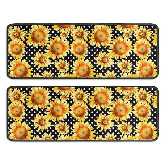 Kitchen Rugs Sets Of 2,Black Polka Dot Sunflower Pattern Anti Fatigue Kitchen Mat Rugs Non Slip Washable,Decorative Kitchen Floor Mats for Kitchen,Sink,Laundry,17"x47"+17"x47"