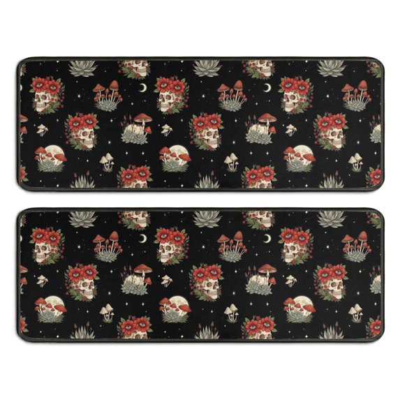 Kitchen Rugs Sets Of 2,Black Skull Flower Mushroom Pattern Anti Fatigue Kitchen Mat Rugs Non Slip Washable,Decorative Kitchen Floor Mats for Kitchen,Sink,Laundry,17"x47"+17"x47"