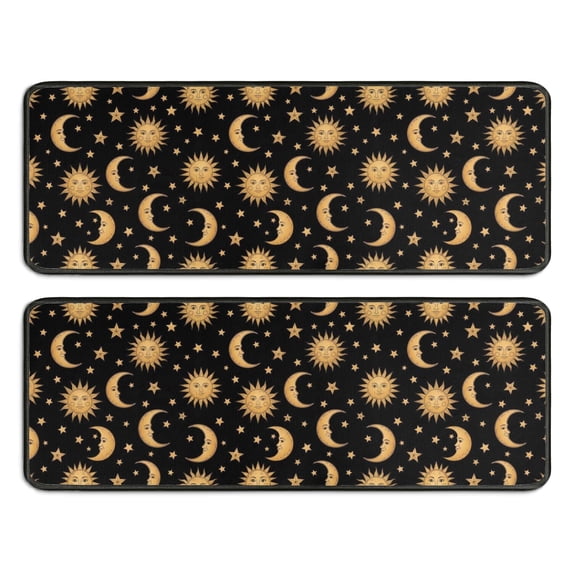 Kitchen Rugs Sets Of 2,Black Sun Moon Star Pattern Anti Fatigue Kitchen Mat Rugs Non Slip Washable,Decorative Kitchen Floor Mats for Kitchen,Sink,Laundry,17"x47"+17"x47"