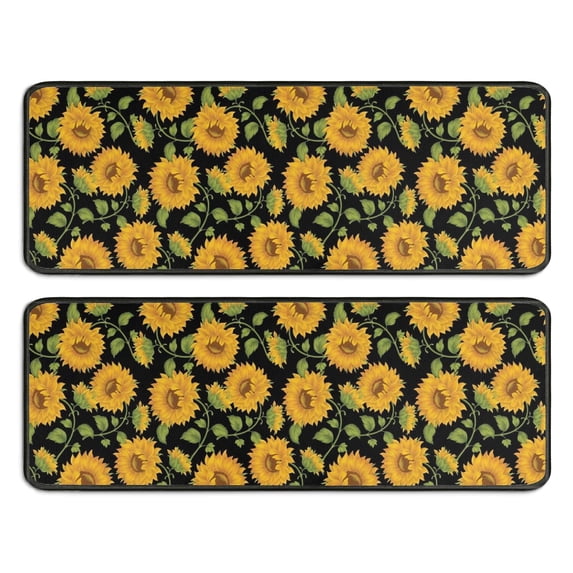Kitchen Rugs Sets Of 2,Black Sunflower Bud Pattern Anti Fatigue Kitchen Mat Rugs Non Slip Washable,Decorative Kitchen Floor Mats for Kitchen,Sink,Laundry,17"x47"+17"x47"