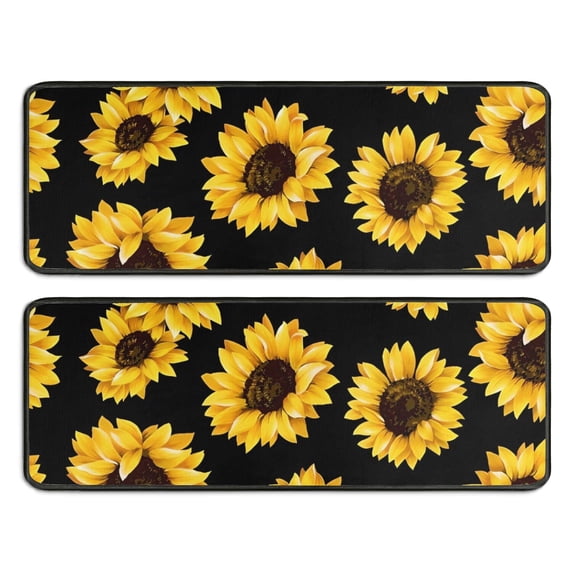 Kitchen Rugs Sets Of 2,Black Sunflower Pattern Anti Fatigue Kitchen Mat Rugs Non Slip Washable,Decorative Kitchen Floor Mats for Kitchen,Sink,Laundry,17"x47"+17"x47"