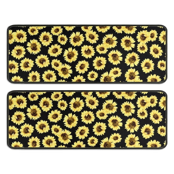Kitchen Rugs Sets Of 2,Black Sunflower Pattern Anti Fatigue Kitchen Mat Rugs Non Slip Washable,Decorative Kitchen Floor Mats for Kitchen,Sink,Laundry,17"x47"+17"x47"