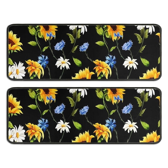 Kitchen Rugs Sets Of 2,Black Sunflower White Daisy Pattern Anti Fatigue Kitchen Mat Rugs Non Slip Washable,Decorative Kitchen Floor Mats for Kitchen,Sink,Laundry,17"x47"+17"x47"