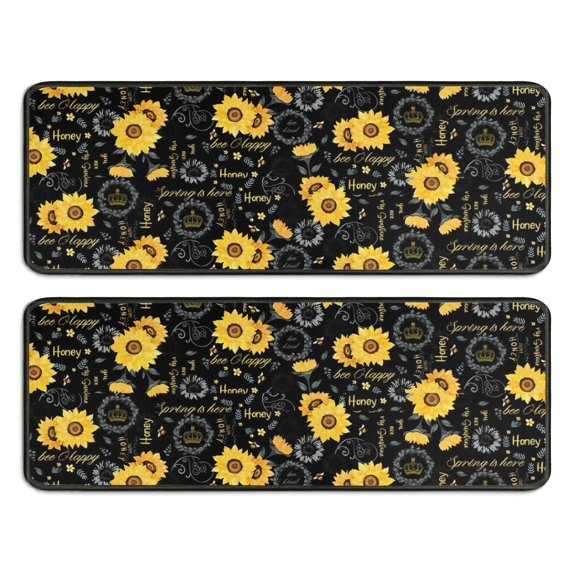Kitchen Rugs Sets Of 2,Black Sunflower Word Pattern Anti Fatigue Kitchen Mat Rugs Non Slip Washable,Decorative Kitchen Floor Mats for Kitchen,Sink,Laundry,17"x47"+17"x47"