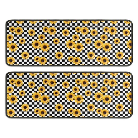 Kitchen Rugs Sets Of 2,Black White Checker Sunflower Pattern Anti Fatigue Kitchen Mat Rugs Non Slip Washable,Decorative Kitchen Floor Mats for Kitchen,Sink,Laundry,17"x47"+17"x47"