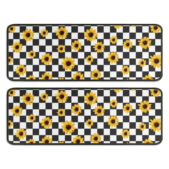 Kitchen Rugs Sets Of 2,Black White Checker Sunflower Pattern Anti Fatigue Kitchen Mat Rugs Non Slip Washable,Decorative Kitchen Floor Mats for Kitchen,Sink,Laundry,17"x47"+17"x47"