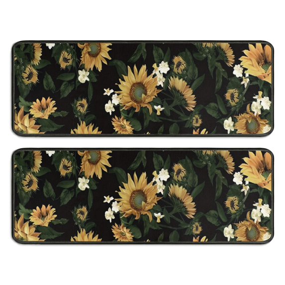 Kitchen Rugs Sets Of 2,Black White Flower Sunflower Pattern Anti Fatigue Kitchen Mat Rugs Non Slip Washable,Decorative Kitchen Floor Mats for Kitchen,Sink,Laundry,17"x47"+17"x47"