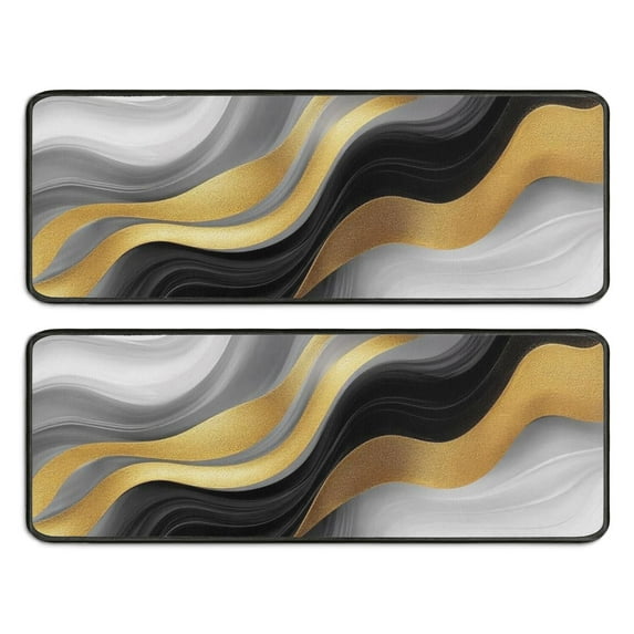 Kitchen Rugs Sets Of 2,Black White Gold Wave Marble Anti Fatigue Kitchen Mat Rugs Non Slip Washable,Decorative Kitchen Floor Mats for Kitchen,Sink,Laundry,17"x47"+17"x47"